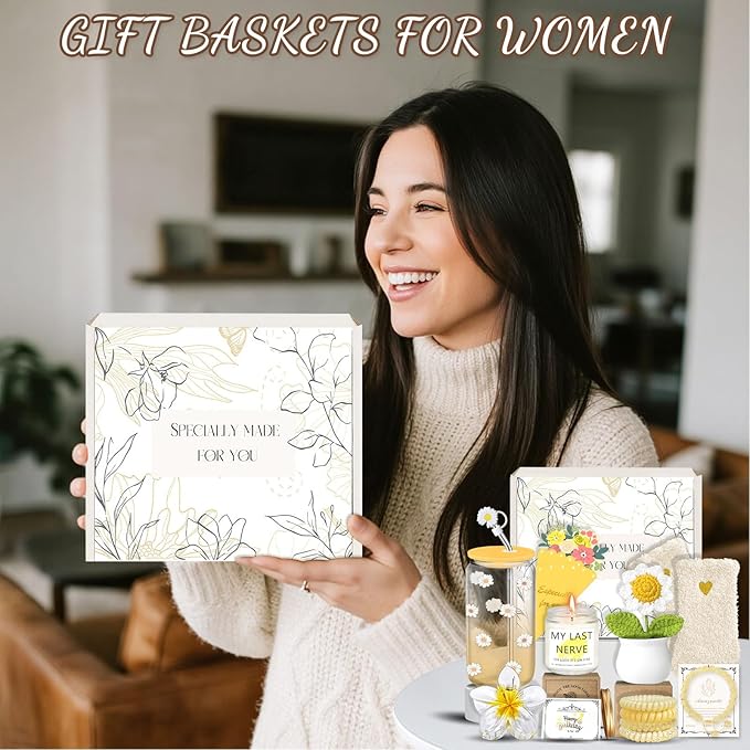 Birthday Gifts for Women, Teen Girls, Her, Unique Happy Birthday Gift Baskets for Best Friend Sister Daughter, Women Gifts Box for Girl Wife Girlfriends, 14pcs Cute Daisy Glass Cups Gift Set(Yellow)