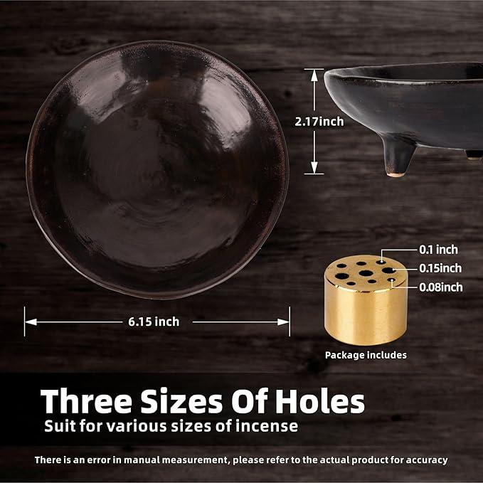 Incense Holder, Ceramic Burner Bowl with 9-Hole Insert, Tripod Design & Ash Catcher, for Sticks, Cones, Sage & Palo Santo – Handmade, Heat-Resistant & Easy to Clean, 6.15-Inch (Black)