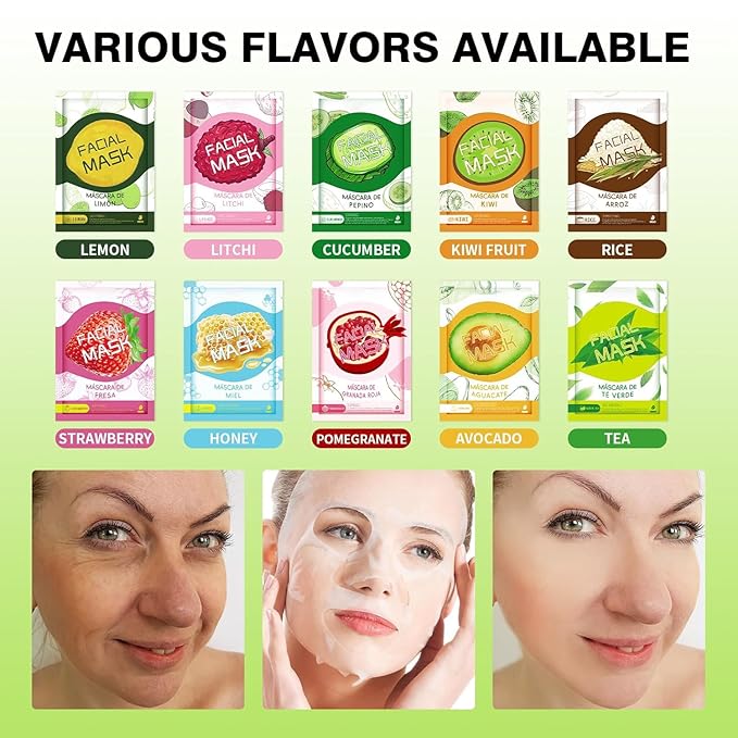 20 Sheets Face Masks Skincare for All Skin Types, Hydrating Face Masks Suitable for Sensitive Skin, Moisturizing Sheet Masks with Natural Ingredients, Bulk Facial Mask for Women