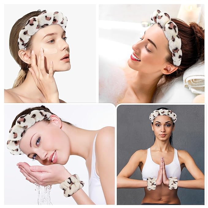 Zkptops Spa Headband for Washing Face Wristband Set Sponge Makeup Skincare Headband Wrist Plush Bubble Get Ready Hairbands for Women Puffy Headwear Non Slip Thick Thin Hair Accessory(Beige Leopard)