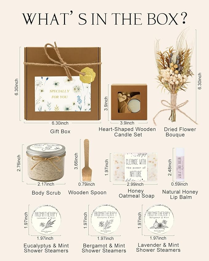 Spa Gifts for Women - Mothers Day Gifts for Mom, Self Care Kit, Birthday Anniversary Care Package Ideas for Wife Girlfriend Her from Daughter Husband Friend, 8PCS Items with Natural Themed
