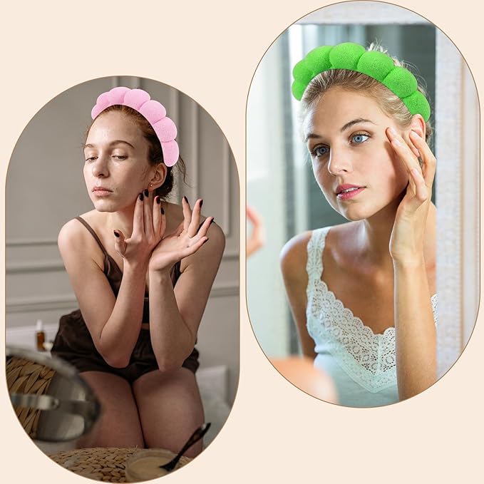 AMCAMI 2 PCS Puffy Spa Headband for Women Sponge Headbands for Girls Terry Towel Cloth Fabric Head Band for Skincare,Makeup Removal,Face Washing,Facial Mask,Shower,Hair Accessories（Green&Light Pink）