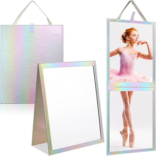 Chunful Foldable Backstage Mirror with Handle Holographic 33.5 X 13.4 Inch Folding Hanging Mirror Rectangular for Travel Dance Bag Home Fitness Spa Gift for Dancers (White)