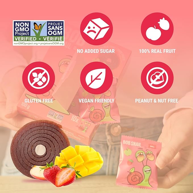 Bob Snail Exotic Mix Fruit Roll Ups – Healthy Sweets, Real Dried Fruits Snacks, No Added Sugar, Vegan, Nut Free, Candy for Adults and Kids – Flavour 50 pcs, 500g (Mango & Strawberry)