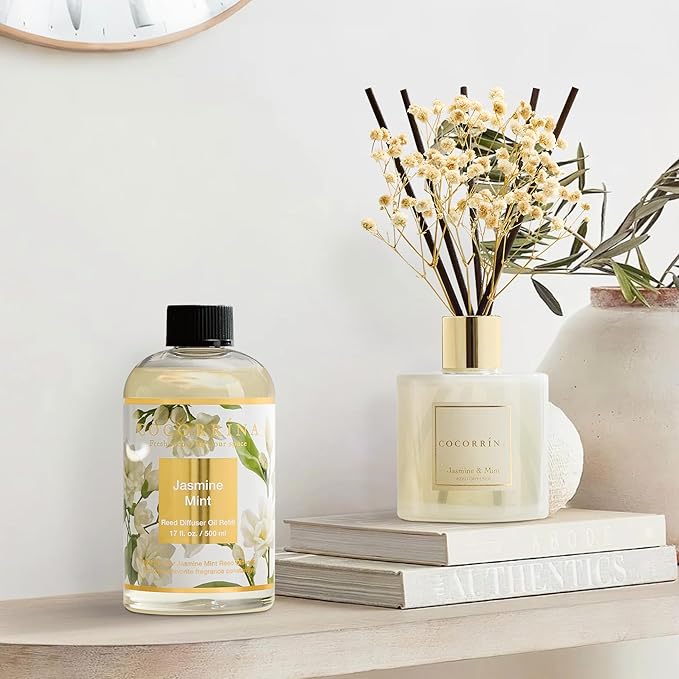Cocorrína Reed Diffuser Refill Jasmine&Mint 17oz (500ml) with 8 Sticks - Premium Long-Lasting Scented Oil, Home Fragrance for Bedroom, Bathroom Home Decor
