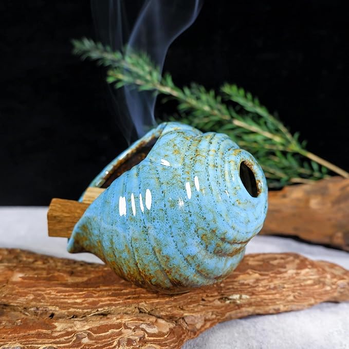 Blue Conch Chiminea Palo Santo Burner - Ceramic Smudging Bowl、Incense Chimney,Works with Sage、Incense Cones,Energy Cleansing-Thoughtful Gifts for Meditation, Altar,Spa,Yoga, Aromatherapy