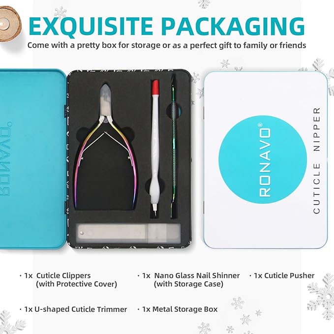 Cuticle Trimmer with Cuticle Pusher, RONAVO Cuticle Remover Stainless Steel Professional Cuticle Nipper, Durable Pedicure Manicure Tools (Polish Multi-color)