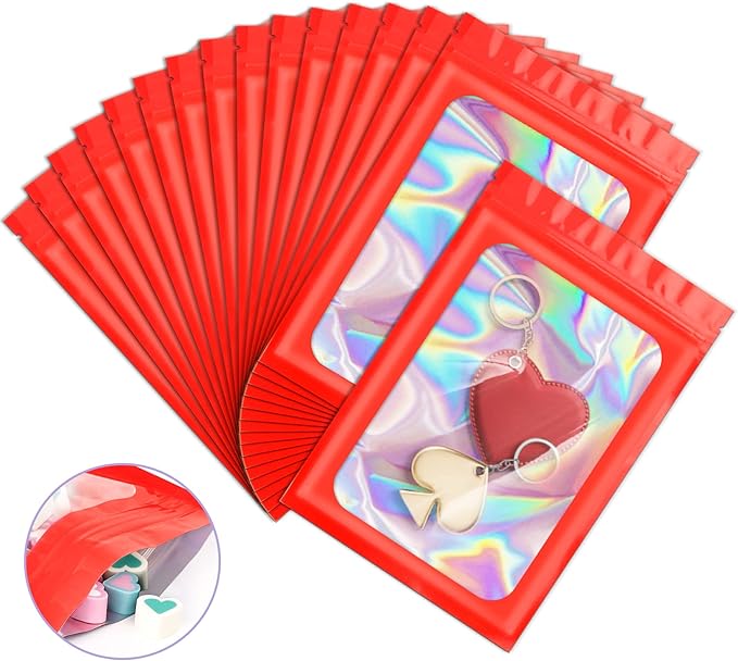 100 Pieces Smell Proof Mylar Resealable Bags, Holographic Packaging Bags, Resealable Odor Foil Pouch Zip Bag with Clear Window for Food Storage and Lipgloss, Jewelry Lash (Red, 3.1 x 5.1 Inch)