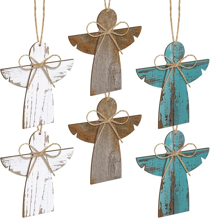 30 Pcs Angel Christmas Ornaments Bulk Wooden Rustic Farmhouse Christmas Tree Hanging Craft Decorations Small Wood Ornament Bulk White Brown Blue Ornament for Xmas Tree Home Decor