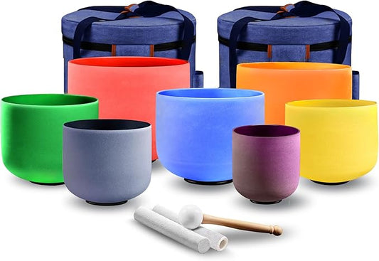 KRESEC 432Hz 6-12 Inch Crystal Singing Bowls Set of 7 – Multicolored Quartz Chakra Tuned Sound Healing Bowls for Meditation, Yoga & Reiki with Padded Cases, Suede Mallets & Silicone O-Rings