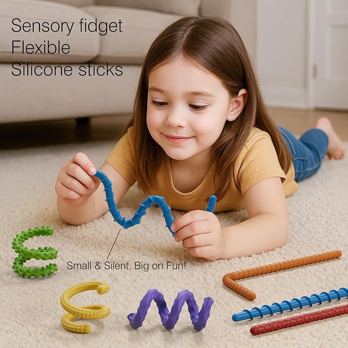 Flexible Sensory Fidget Sticks for Kids,6PCS Sensory Fidget Toys for Stress Anxiety Autistic ADHD,Calm Down Travel Airplane Essentials Toys,Stuffers Gifts for Teens Boys Girls