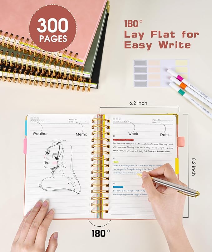 Hardcover Spiral Notebook journal with Removable Dividers Tabs, 300 Pages Leather 5 Subject Notebook College Ruled, 100GMS A5 Notebooks for Work School Note taking,Lined Journal for Women,A5-Pink