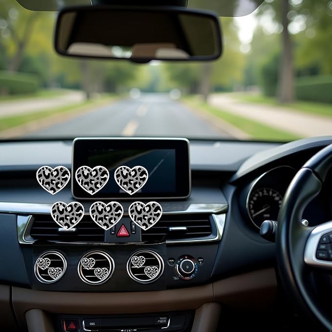 6 Pcs Heart Air Vent Clips, Cute Heart Cars Air Fresheners Vents Clips Funny Cars Diffuser Vent Clips Car Interior Decor Charm Cute Car Accessories Decoration for Women Automotive (Leopard Texture)