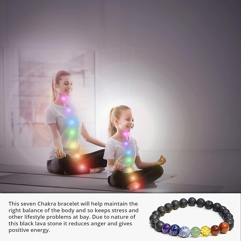 Lava Rock 7 Chakra Bracelet, Natural Healing Crystal Bracelet for Women and Men, 8mm Round Beaded Bracelet for Spiritual, Protection, Positive Energy, Elastic Adjustable Size Gemstone Bead Bracelet