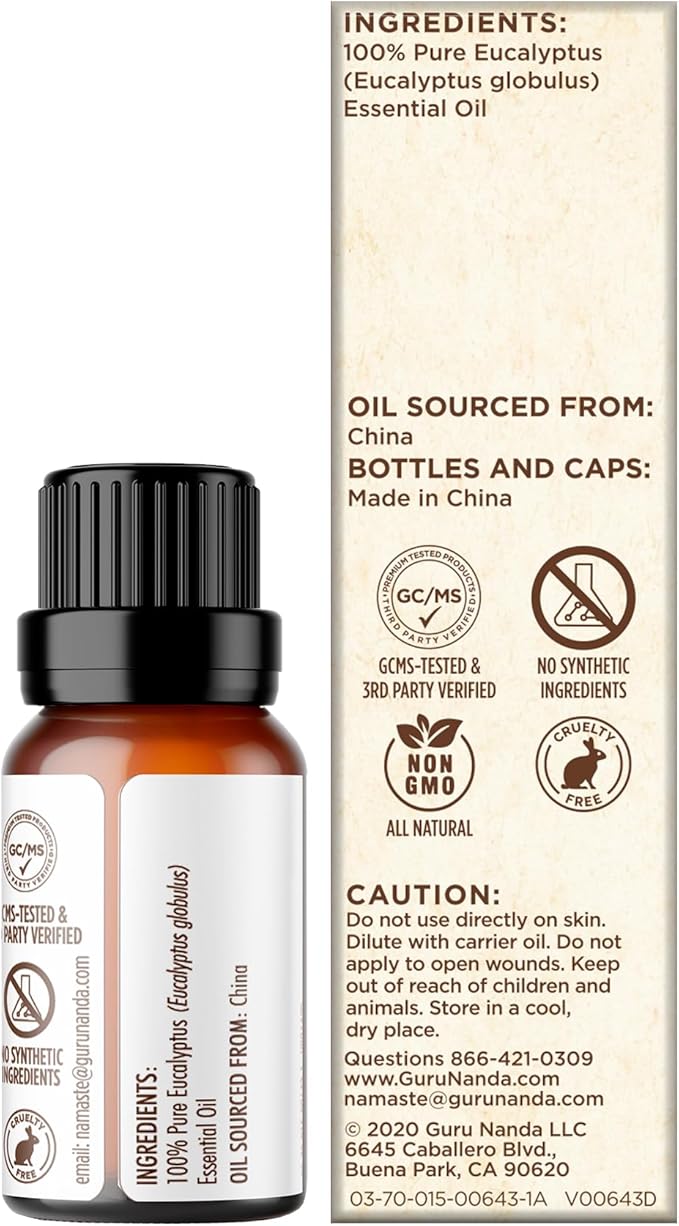 GuruNanda Eucalyptus Essential Oil -100% Pure, Natural and Undiluted Aromatherapy Oil for Diffusers - Enhances Your Breathing Space - Perfect for Massages (2X0.5 Fl Oz)