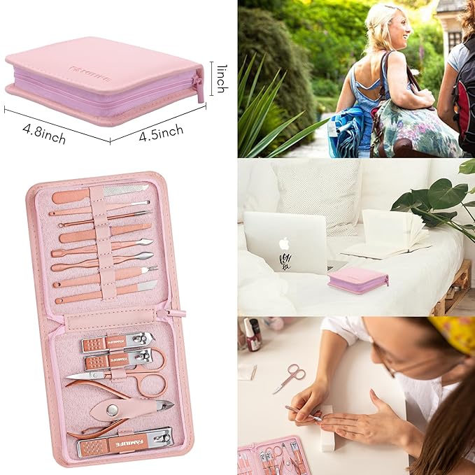 FAMILIFE Manicure Set, Professional Nail Kit Stainless Steel Nail Clipper Set, 13PCS Beauty Tools Manicure Kit Pedicure Tools, with Portable Pink Leather Travel Case for Her