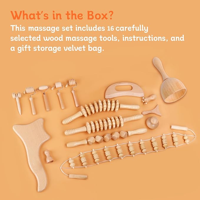 16Pcs Wood Therapy Massage Tools Set, Maderoterapia Kit for Body Sculpting, Lymphatic Drainage & Deep Tissue Massage, Wooden Fascia Roller for Face & Full-Body Muscle Pain Relief