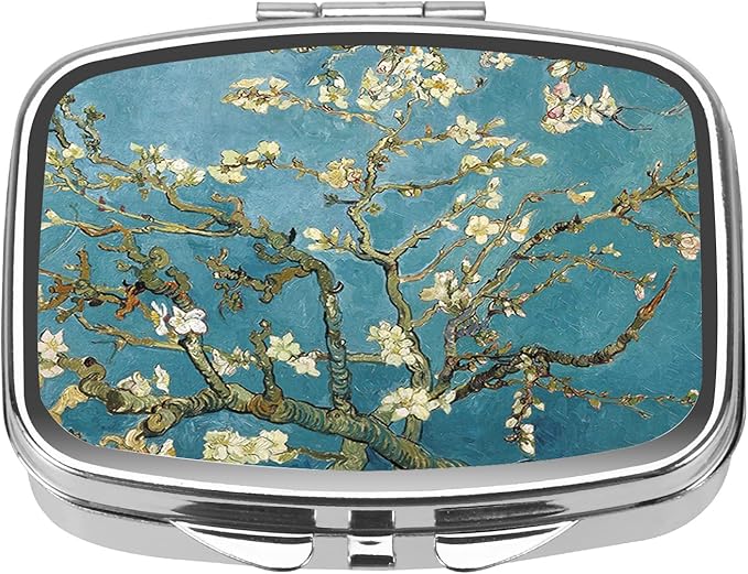 Dynippy Pill Case Pill Box with Mirror Retro Pocket 2 Compartment Medicine Case Vitamin Pill Organizer for Pocket Purse and Travel (Silver-Almond Blossom)