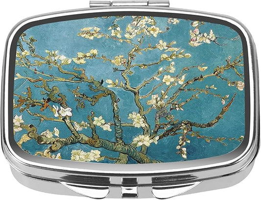 Dynippy Pill Case Pill Box with Mirror Retro Pocket 2 Compartment Medicine Case Vitamin Pill Organizer for Pocket Purse and Travel (Silver-Almond Blossom)