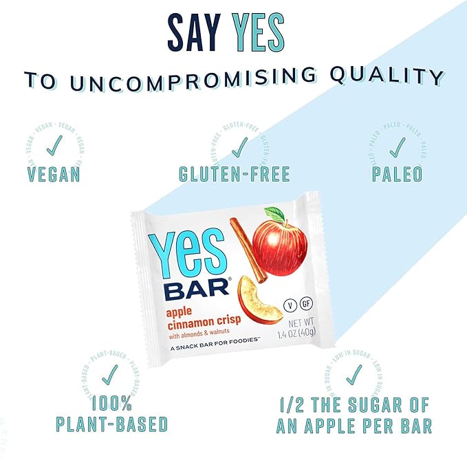 The YES Bar – Apple Cinnamon Crisp – Plant Based Protein, Decadent Snack Bar – Vegan, Paleo, Gluten Free, Dairy Free, Low Sugar, Healthy Snack, Breakfast, Low Carb, Keto Friendly (24 Count)