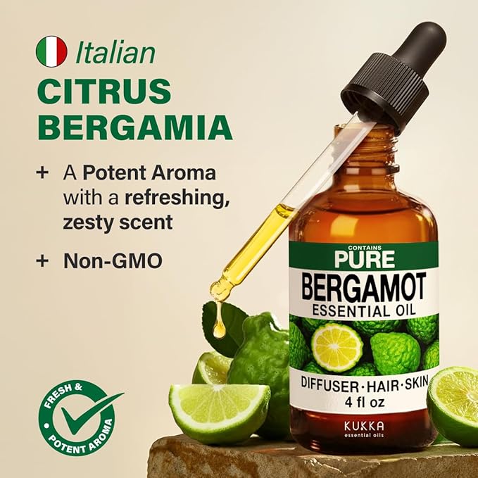 KUKKA Bergamot Essential Oils - 4 Fl Oz - for Hair, Skin, Diffuser, Aromatherapy & DIY Soap Making Scent
