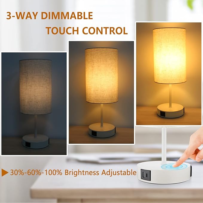HiBay 17.75" Touch Bedside Table Lamp with USB Charging Ports & AC Outlet, Modern White Nightstand Light for Bedroom, Living Room, Kids Room, 3-Way Dimmable, Round Fabric Shade, E26 LED Bulb Included