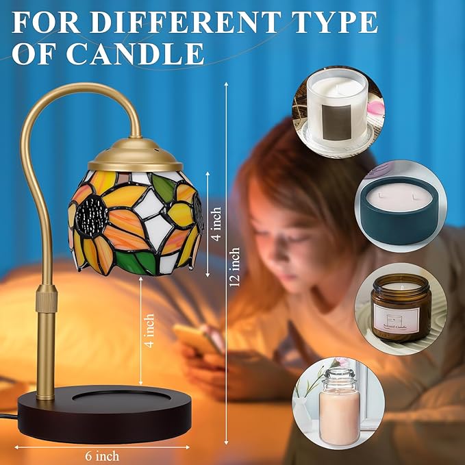 Candle Warmer Lamp - Electric Candle Lamps Timer Dimmer, Sunflower Tiffany Style Stained Glass Candle Warming Lamp Compatible with Jar Candles Gifts for Mom Friend Wax Melt Warmer for Home Decor