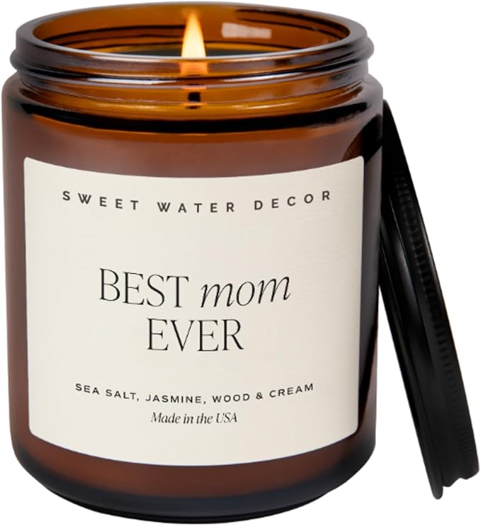 Sweet Water Decor, Best Mom Ever Candle - Sea Salt, Jasmine, Cream, and Wood Scented Soy Wax Candle for Mom - 9oz Amber Jar, 40 Hour Burn Time, Made in The USA