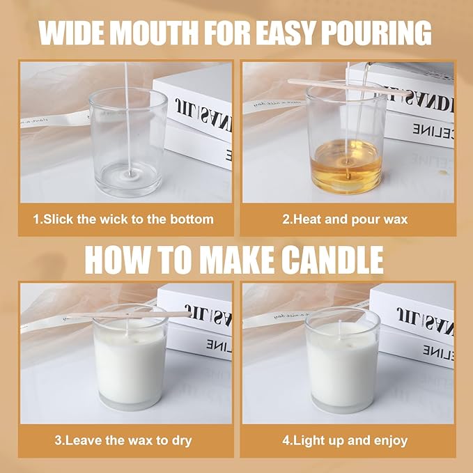 14 oz Glass Candle Jars, 6-Pack 2/3 Wick Candle Jars for Making Candles, Empty Thick Glass Wide-Mouth Jars with Bamboo Lids & Wick Kits, Candle Containers Bulk - Clear