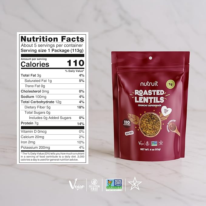 Nutruit Roasted Lentil Snacks - Tasty Snack Box with Vegan, Gluten Free, Non-GMO, High Protein, Low Calorie, Healthy On-The-Go Low Calorie Lentils Snacks - 4oz Packs (8-Pack Box) (8 Pack, Barbecue)