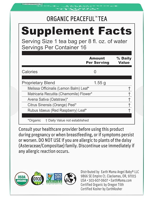 Earth Mama Organic Peaceful™ Tea | Stress Less! Calming, Relaxing Herbal Blend Safe for Pregnancy & Beyond, 16 Teabags Per Box (6-Pack)