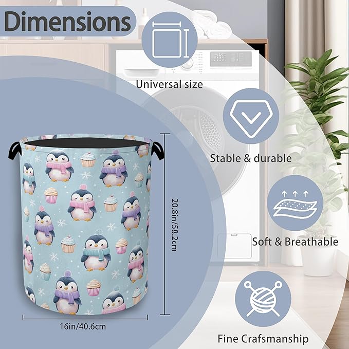 Cute Penguin Laundry Basket,Snowflake Cake Foldable Oxford Cloth Tote Bag Laundry Hamper Clothes Storage Bucket Organizer for Bedroom Laundry Storage Dormitories 16" x 20.8"