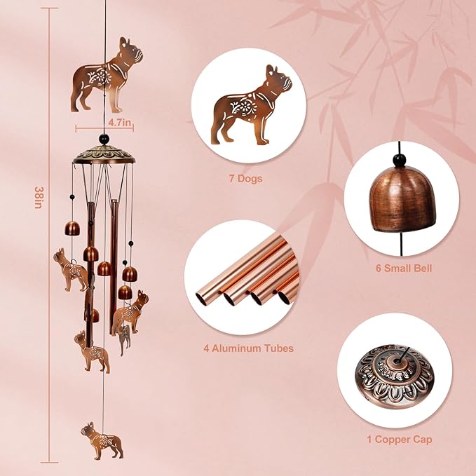 Copper Tone Animal Wind Chimes for Outdoors/Indoors - Dog Designs - Garden, Patio, Yard, Home Decor, for Women, Men, Mom, Birthday, Memorial, Housewarming (Dog)