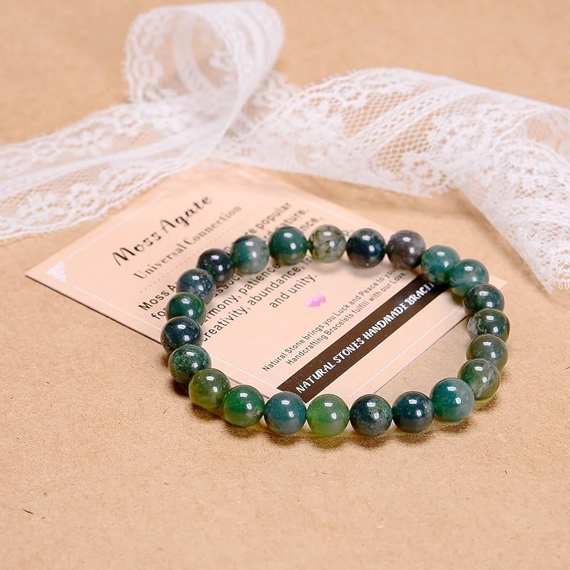 AD Beads Handmade Gemstone Stretch Elastic Bracelet Crystal Healing Reiki Nature's Beauty and Spiritual Essence Unisex (8mm, Moss Agate (Universal Connection))
