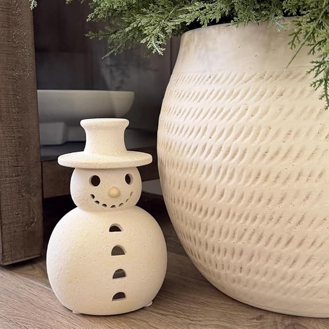 Handmade Terracotta Snowman Decor, White Clay Statue Figurines Snowman, Winter Christmas Decorations Indoor, Unique Style Handcrafted Terra Cotta for Holiday Table Ornaments(L)