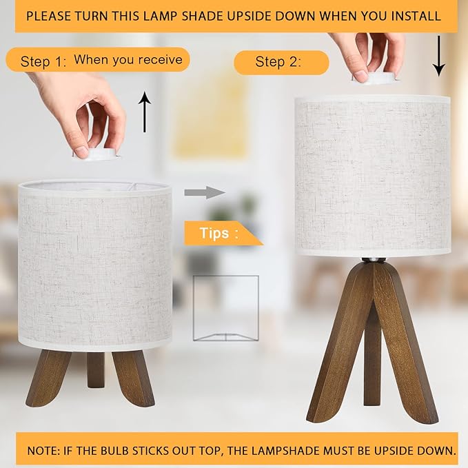 HAITRAL Wooden Tripod Table Lamp with Brown Base, Small Table Lamp Bedsides Lamp with Linen Fabric Shade, Nightstand Lamp Cute Night Lamp for Bedroom,Kids Room,Nursery,Dorm