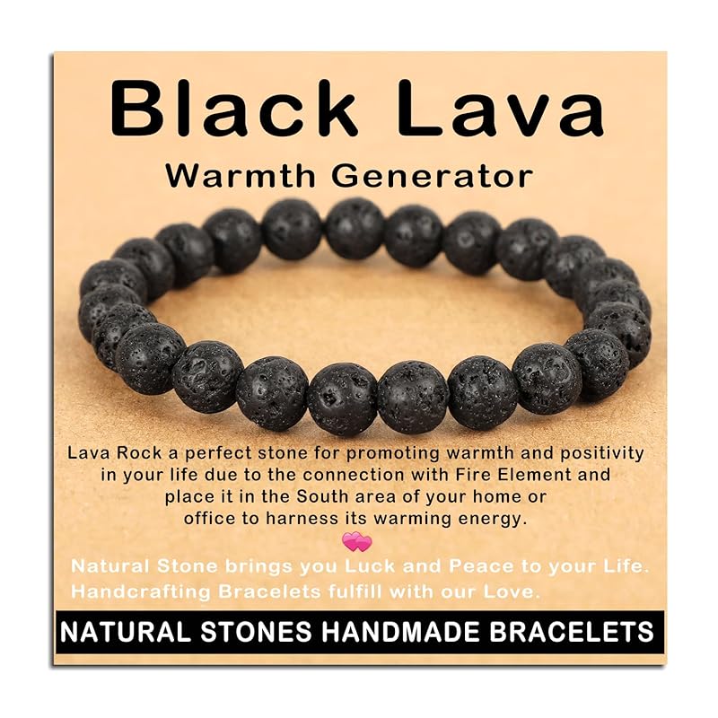 AD Beads Handmade Gemstone Stretch Elastic Bracelet Crystal Healing Reiki Nature's Beauty and Spiritual Essence Unisex (8mm, Black Lava (Warmth Generator))