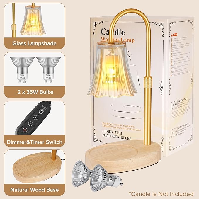 Candle Warmer Lamp with Timer, 4-Level Dimmable & Height Adjustable,Wax Melt Warmer for Jar Candles, Unique Design Enhances Home Ambiance (Transparent)