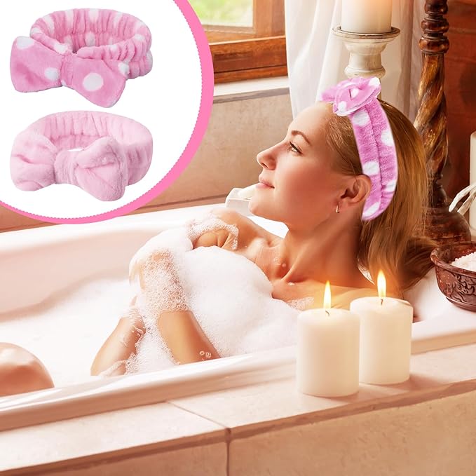 WILLBOND Spa Headband Bow Hairband Facial Makeup Women Face Wash Adjustable Skincare Headbands Flannel Towel Soft Head Wraps for Women Shower Washing Face(Sweet,24 Pieces)