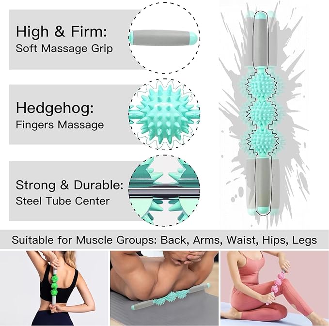 Fascia Muscle Roller, Cellulite Massager for Sore Muscles, Neck, Leg, Back - Pressure Trigger Point Body Deep Tissue Massage Stick Tools With 3 Massage Balls | Green