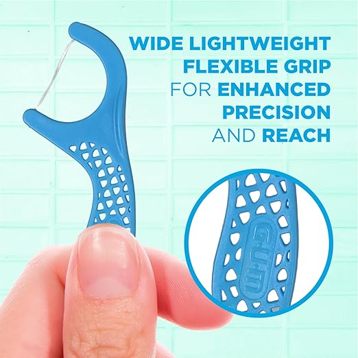 GUM Advanced Care Floss Picks - Dental Flossers for Adults with Vitamin E and Fluoride - Extra Strong Shred-Resistant Dental Floss, Easy Grip Handle, Fresh Mint Flavor, 150 Count (Pack of 4)