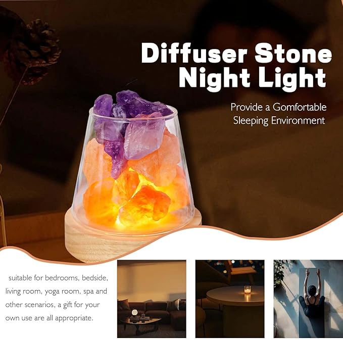 Runyangshi Healing Crystal Night Light Natural Himalayan Salt & Amethyst Raw Stones Aroma Diffuser USB Powered 3 Colour Adjustable Bedside Lamp for Bedroom Living Room Yoga Meditation Home Decor Gift