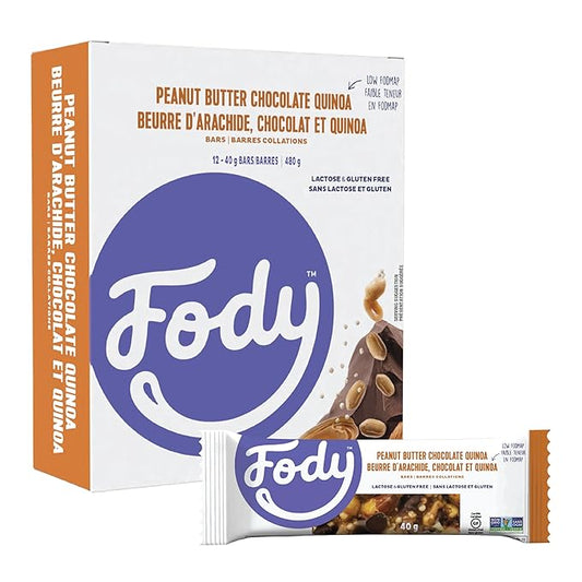 Fody Foods Snack Bars, Peanut Butter Chocolate Quinoa, 1.41 Oz (Pack of 12), 6g Protein, Low FODMAP, Gut & IBS Friendly, Vegan, Lactose Free, Non-GMO, Gluten Free