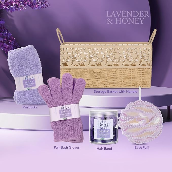 Bath and Body Gift Basket Set for Women - LAVENDER & HONEY Christmas Gifts for Women, Spa Large Beauty Personal Care Set, Home-spa Pampering Package for Mother day, Spa Bridal Shower Kit