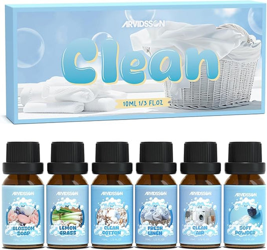 Clean Essential Oils Set, ARVIDSSON Natural Fragrance Oil for Diffuser, Soap Making - Fresh Linen, Clean Home, Fresh Cotton, Soft Powder, Blossom Soap, Lemongrass, Strong Scented Oils for Home