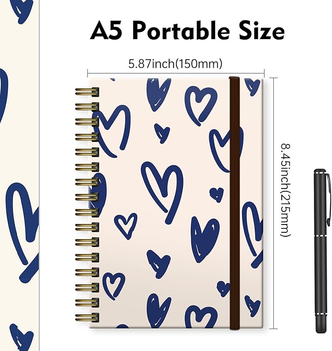 Cute Spiral Notebook, Journal for Women, Hardcover Spiral Journal, 5.5 x 8.3 Inches, 120 Pages,100gsm Paper, for Gifts Nurse Teacher Women Office Supplies(Cute Blue Heart)