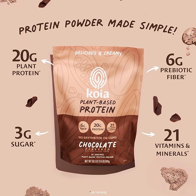 Koia Plant Based Protein Powder, Chocolate, 20g Protein, 3g Sugar, 6g Prebiotic Fiber, Pre & Post Workout, 21 Vitamins & Minerals, No Seed Oils, Dairy-Free, Gluten-Free, Non-GMO, 20 Servings, 28.2 Oz