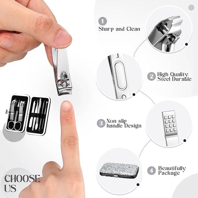 Geosar 12 Set 8 in 1 Manicure Set Stainless Steel Nail Clippers Kit Pedicure Care Tools with Leather Case Travel Grooming Kit Gift for Women Men(Glitter Silver)