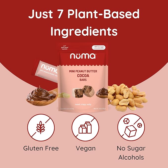 Numa Mini Peanut Butter Cocoa Bars - Vegan, Low Sugar, High Protein, Natural, Gluten Free - Crunchy Plant Based PB Snacks - 3 Bags with 8 Individually Wrapped Chocolate Protein Bars