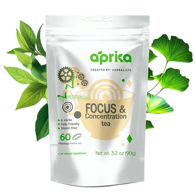 AprikaLife - Focus and Concentration Herbal Tea 100% Natural Herbal Tea Created by Herbalists - Yerba-Mate, Lemon Balm, Ginko Biloba, Thyme, Rosemary. Improves Attention & Energy – 60 Bags